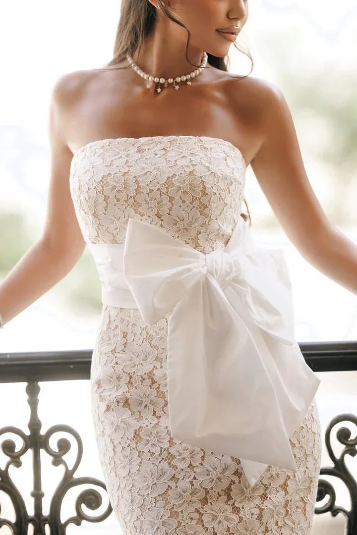 Strapless White Lace Mermaid Prom Dress with Satin Bow Sash for Formal Events
