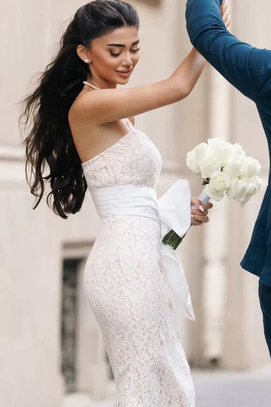 Strapless White Lace Mermaid Prom Dress with Satin Bow Sash for Formal Events
