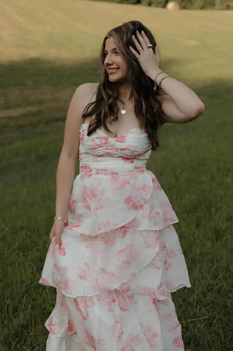 Strapless White Pink Floral Tiered Ruffle Maxi Prom Dress with Ruched Bodice