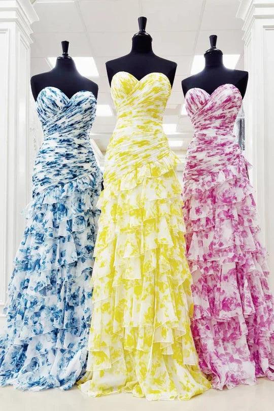 Strapless Yellow White Floral Mermaid Prom Dress with Tiered Ruffles and Lace-Up Back