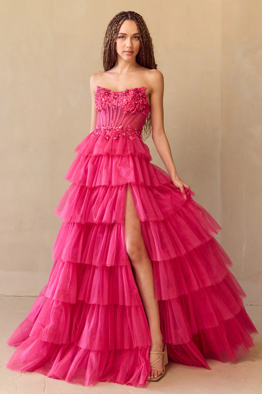 Strapless layered A-line dress with side slit