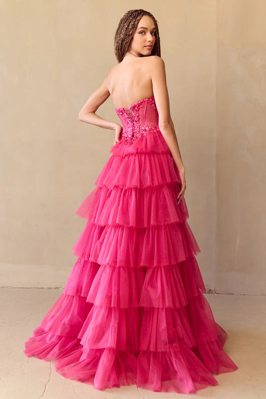 Strapless layered A-line dress with side slit