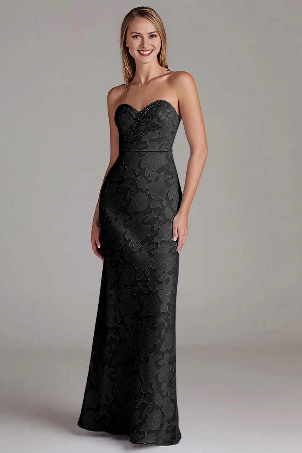 Strapless long wedding guest gown