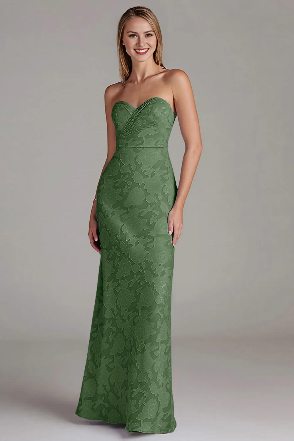 Strapless long wedding guest gown