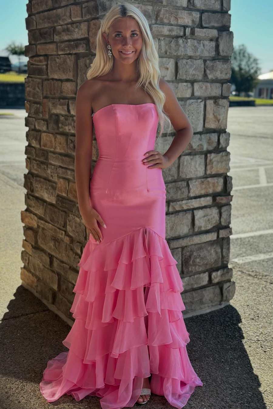Strapless low cut layered sleeveless long formal dance dress with slit