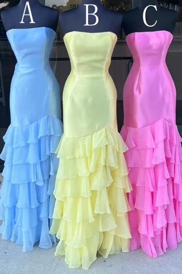 Strapless low cut layered sleeveless long formal dance dress with slit