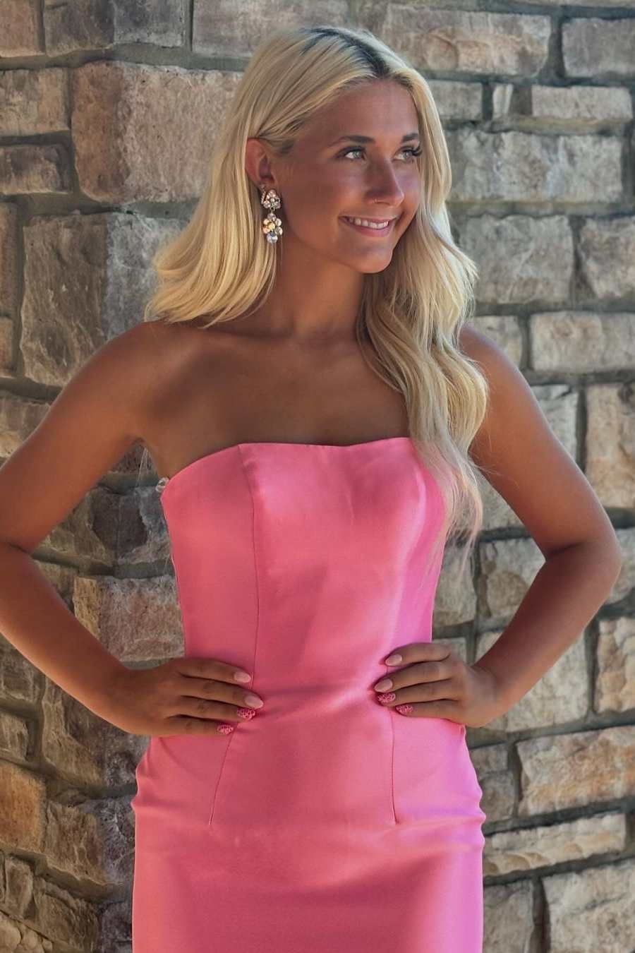 Strapless low cut layered sleeveless long formal dance dress with slit