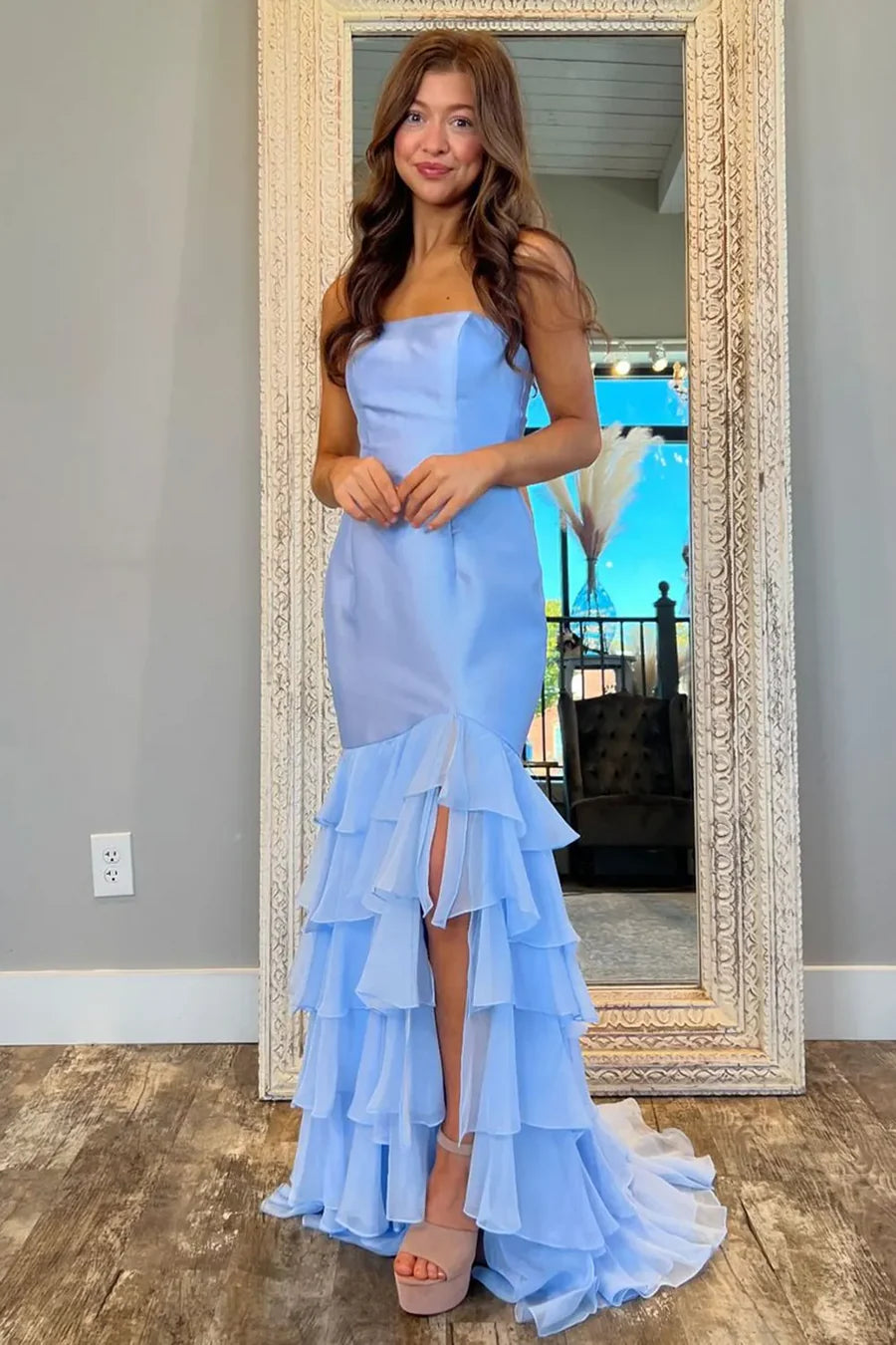 Strapless low cut layered sleeveless long formal dance dress with slit