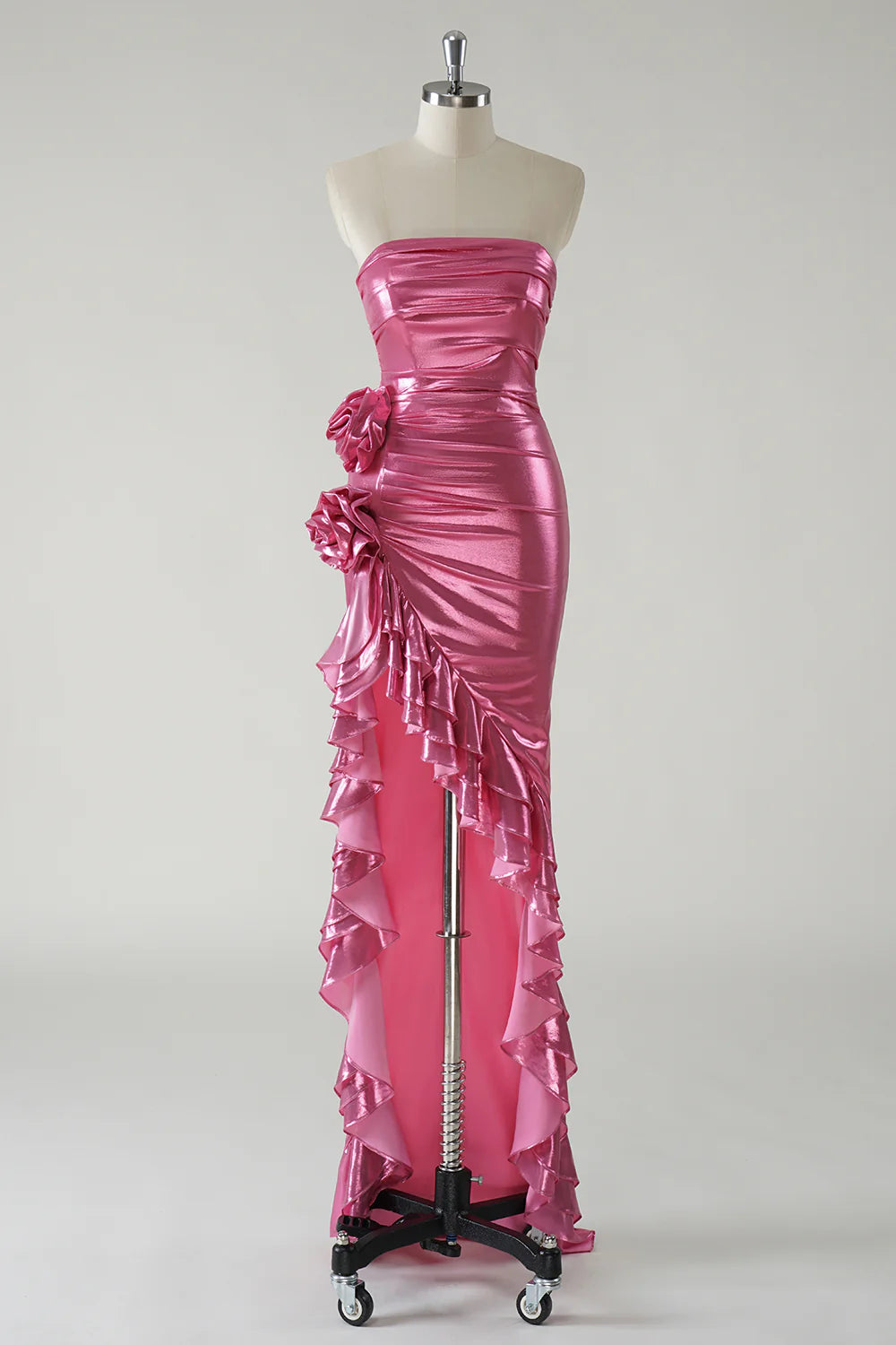 Strapless pleated 3D floral metal ball dress with ruffles