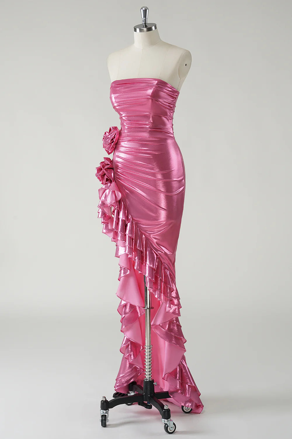 Strapless pleated 3D floral metal ball dress with ruffles