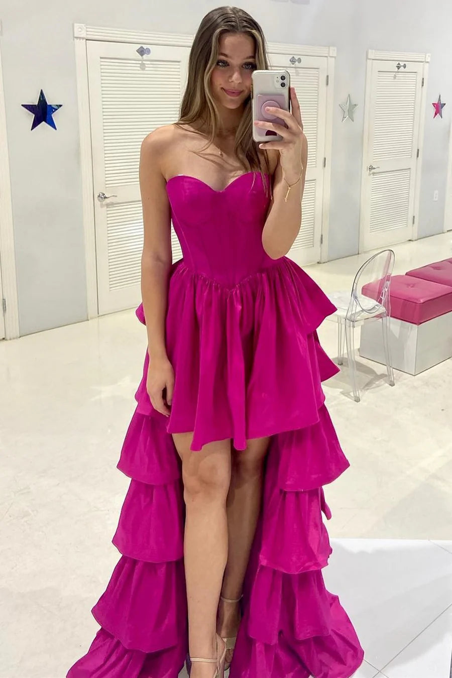 Strapless strapless strapless sweetheart pleated high-low layered ball dress