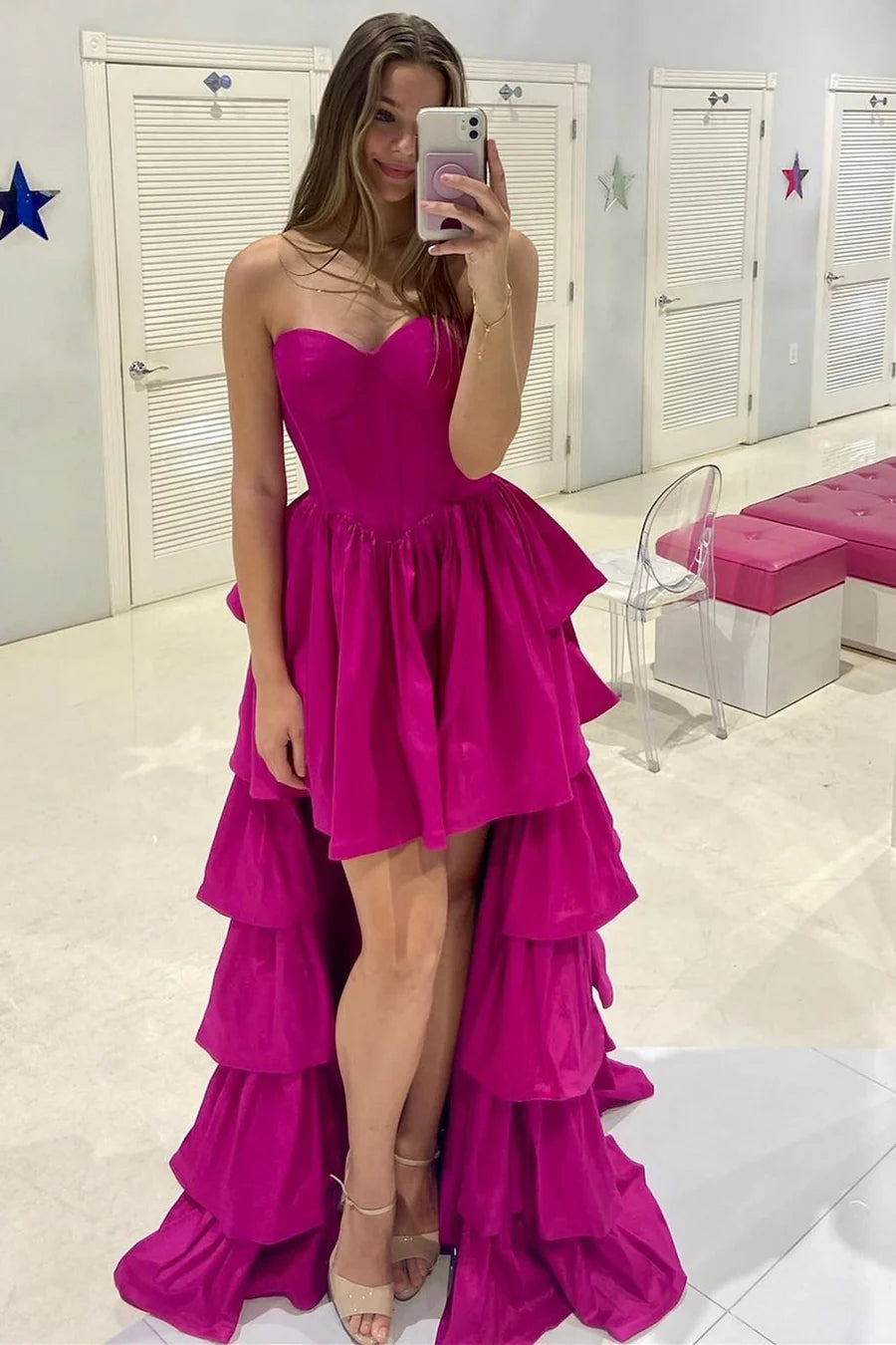 Strapless strapless strapless sweetheart pleated high-low layered ball dress