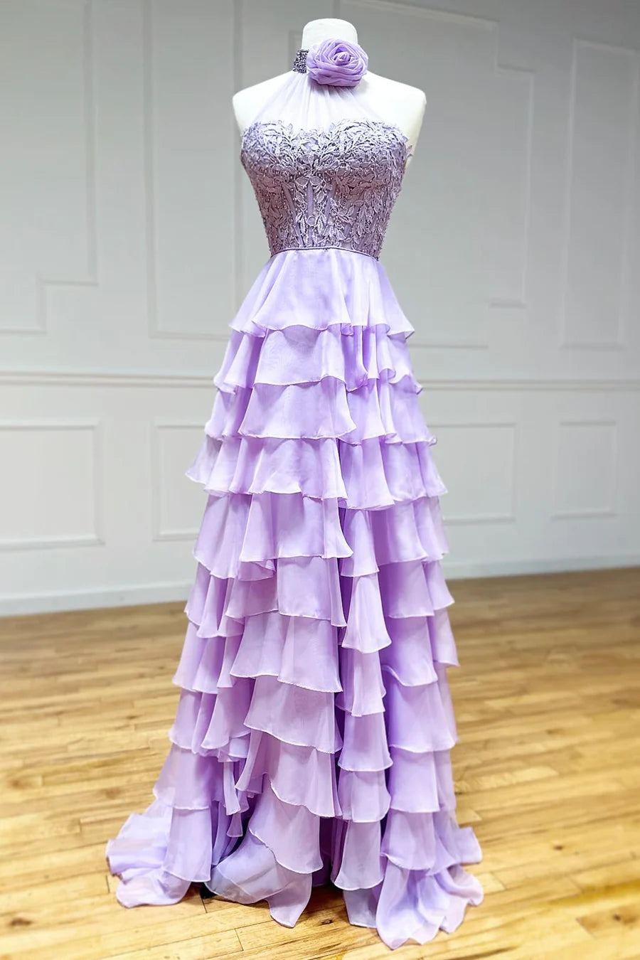 Strap pleated chiffon long ball dress with flowers