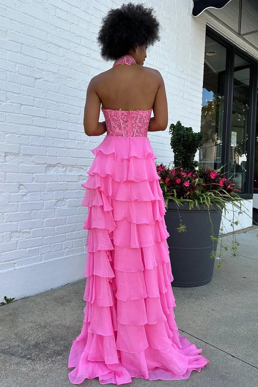Strap pleated chiffon long ball dress with flowers