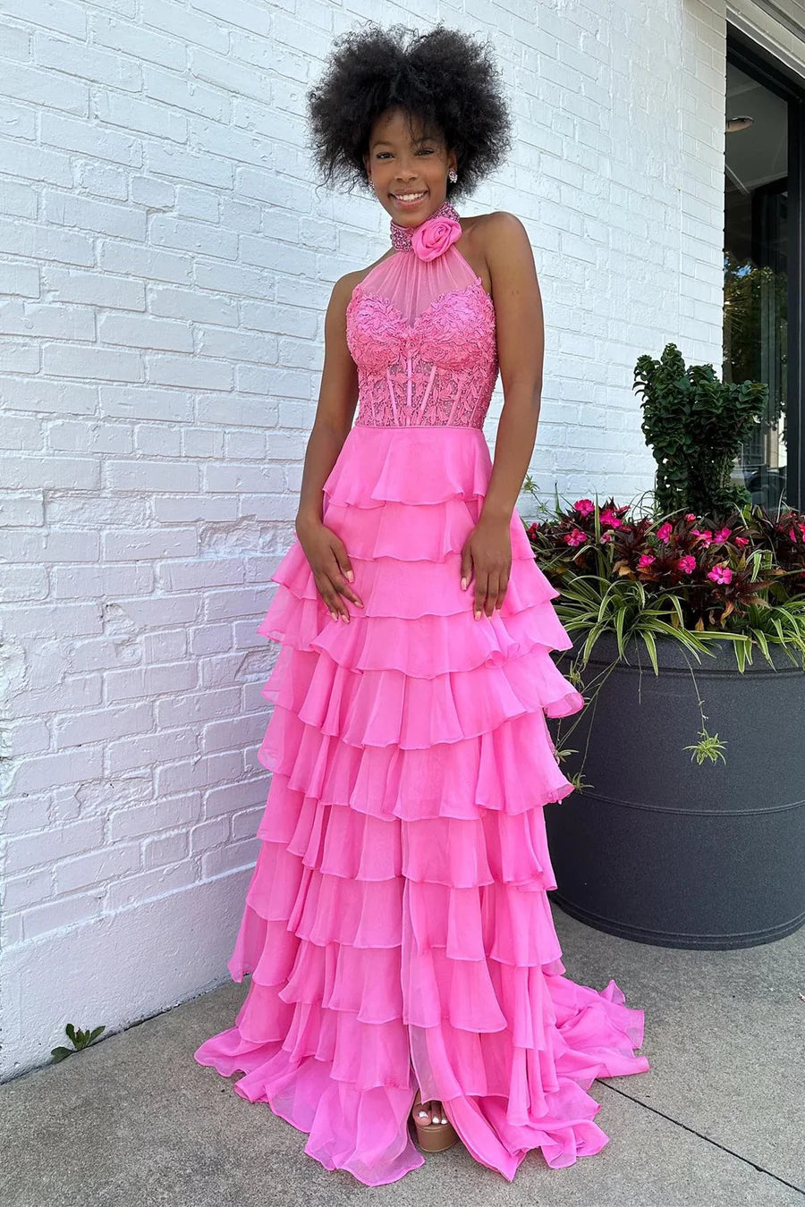 Strap pleated chiffon long ball dress with flowers