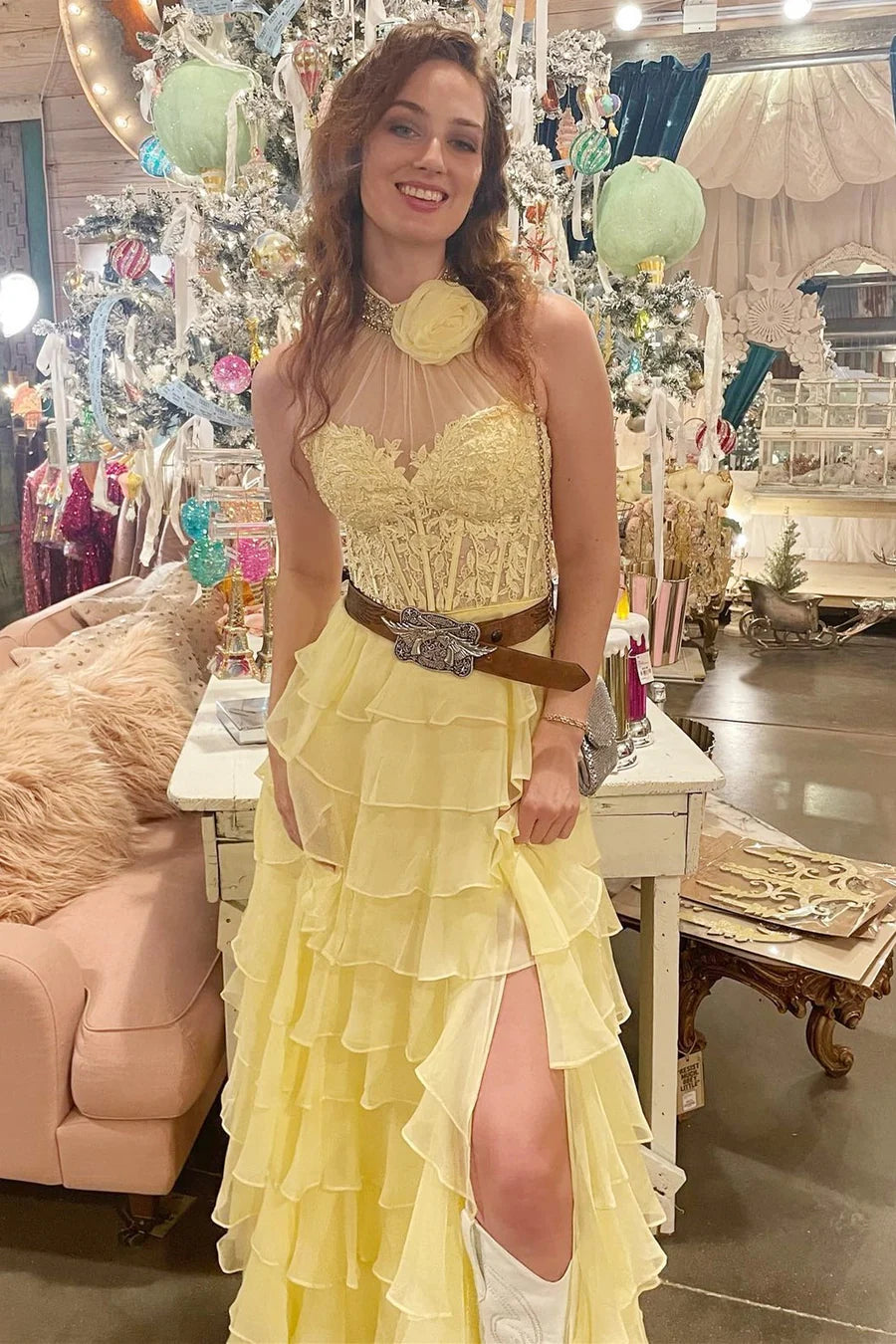 Strap pleated chiffon long ball dress with flowers