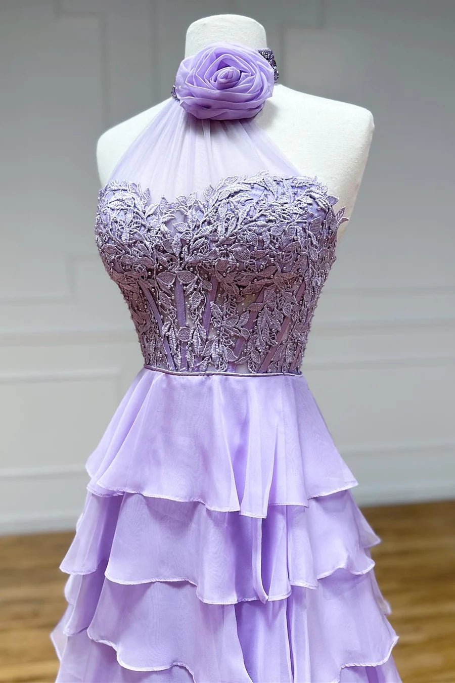 Strap pleated chiffon long ball dress with flowers