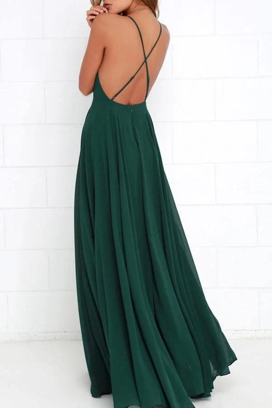 Straps Dark Green Long Bridesmaid Dress with Criss Cross Back