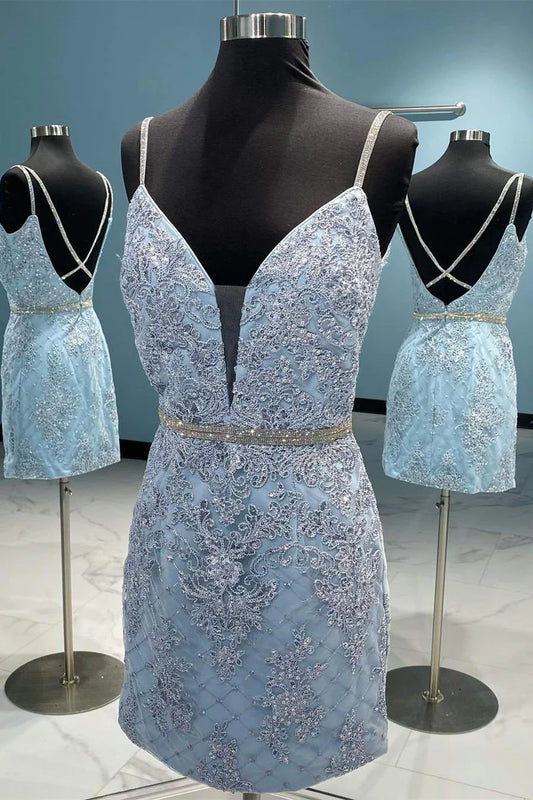 Straps Light Blue Embroidered Bodycon Party Dress