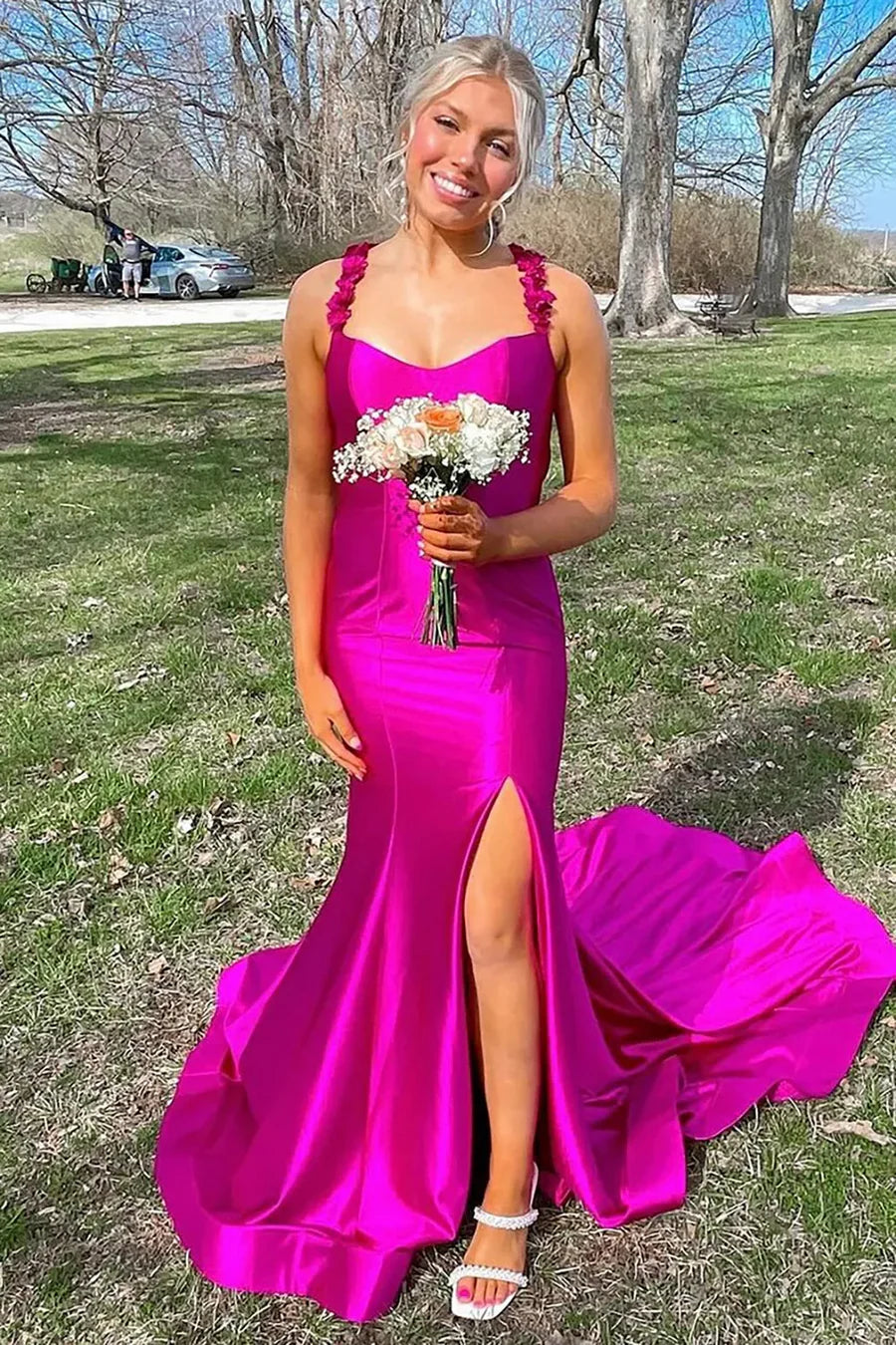 Straps Mermaid Satin Side Slit Long Prom Dress with Train