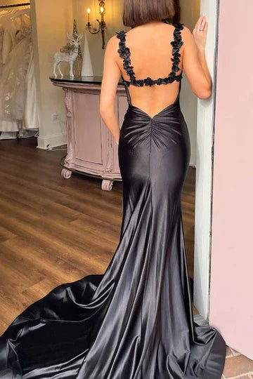 Straps Mermaid Satin Side Slit Long Prom Dress with Train