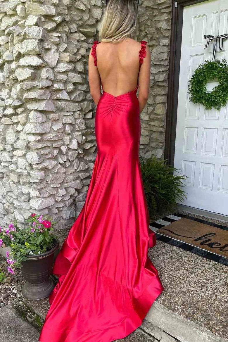 Straps Mermaid Satin Side Slit Long Prom Dress with Train