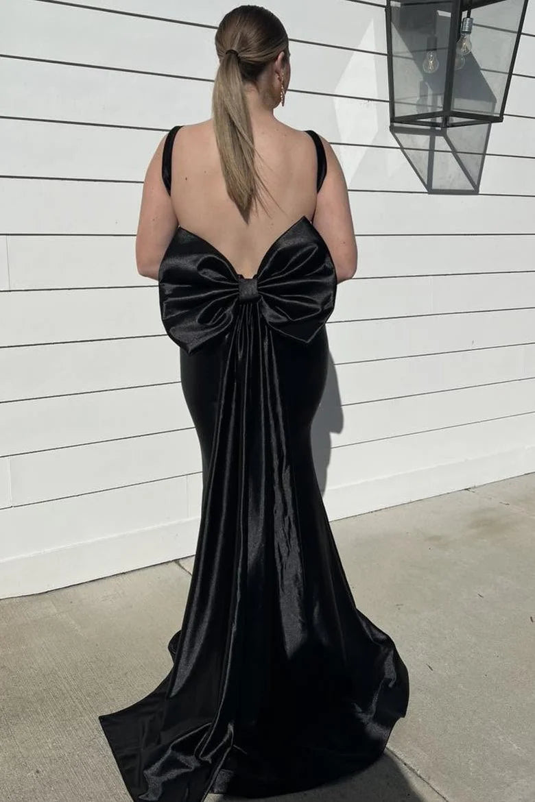 Straps Mermaid Satin Sleeveless Long Prom Dress with Bow