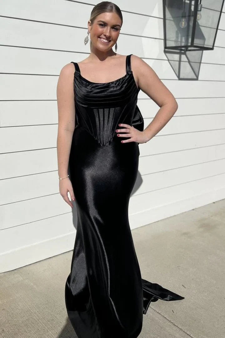 Straps Mermaid Satin Sleeveless Long Prom Dress with Bow