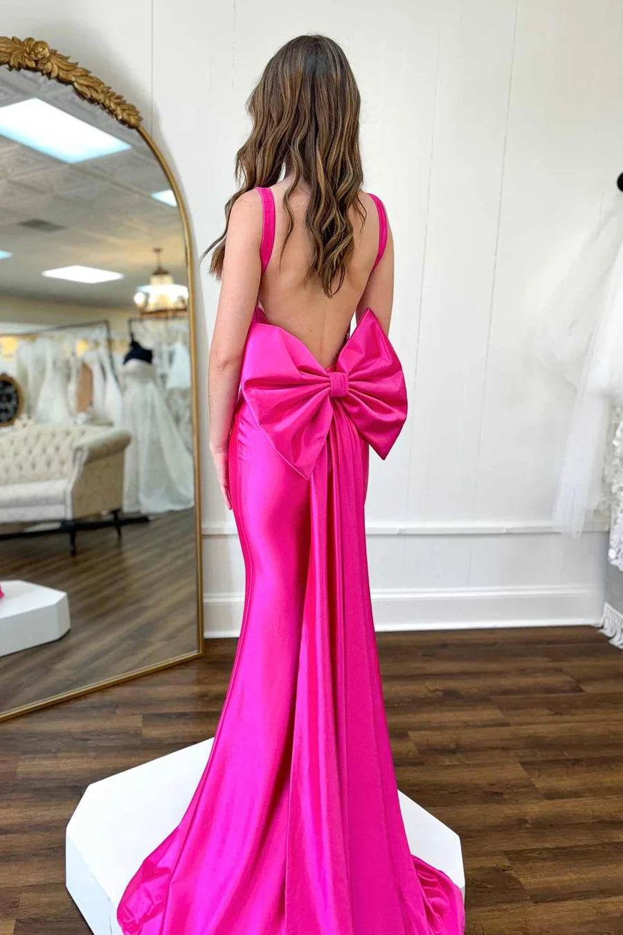 Straps Mermaid Satin Sleeveless Long Prom Dress with Bow