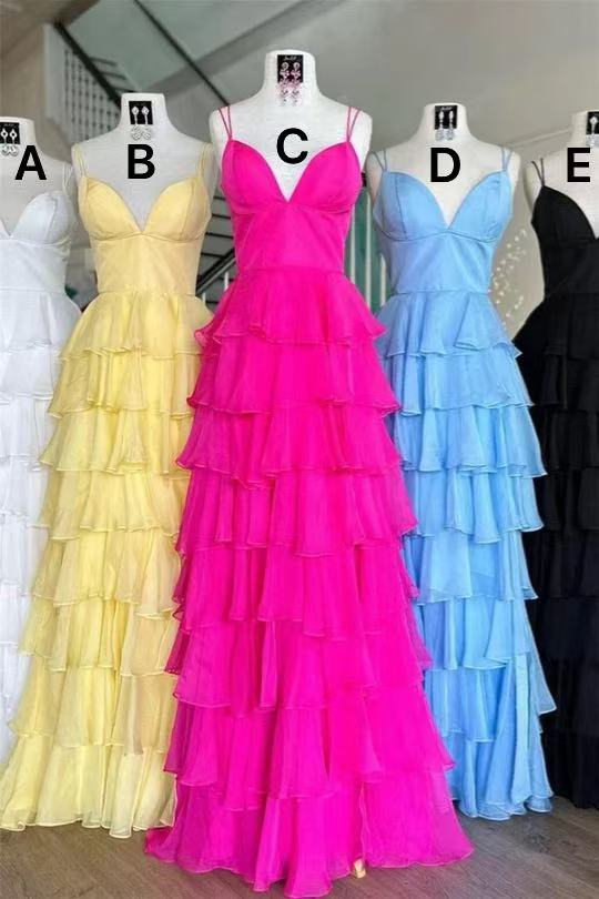 Straps Ruffle A-Line Long Prom Dress with Slit