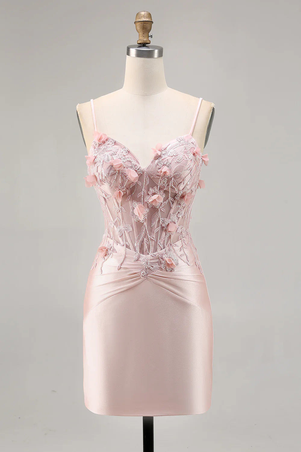 Pink bodycon homecoming dress with sweetheart corset and 3D flowers.