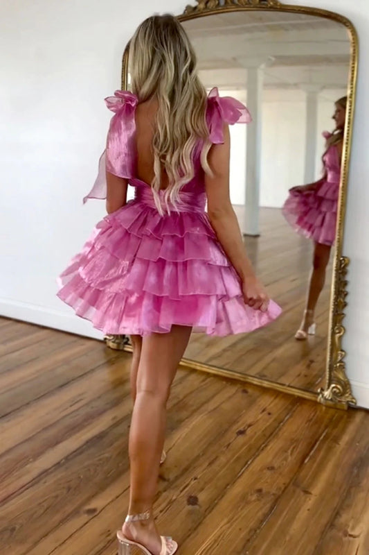 Stunning A-Line Deep V-Neck Short Tiered Satin Homecoming Dress