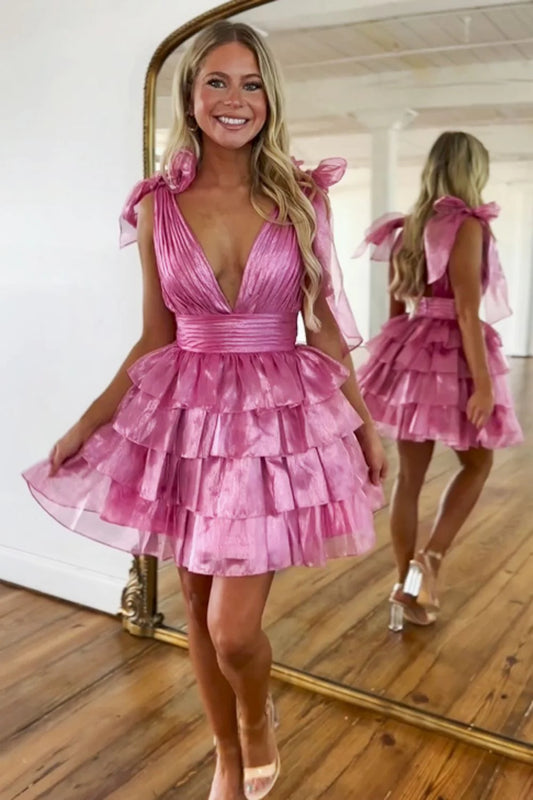 Stunning A-Line Deep V-Neck Short Tiered Satin Homecoming Dress