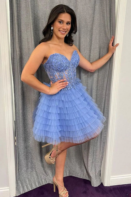 Strapless A-line sweetheart lace up short chiffon back to school dress