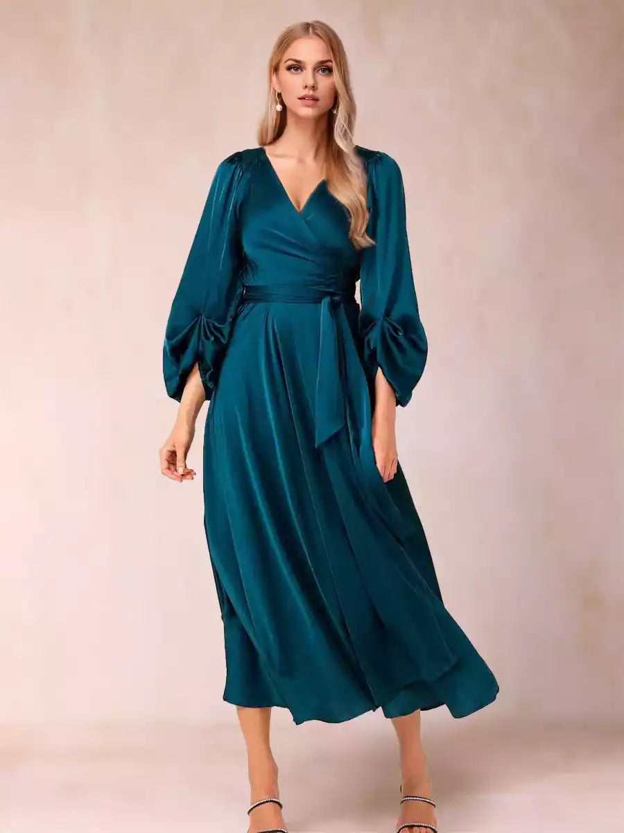 Stunning A-line/Princess V-neck seven quarter sleeves wrapped in elastic satin and ankle Mother of the Bride Dresses