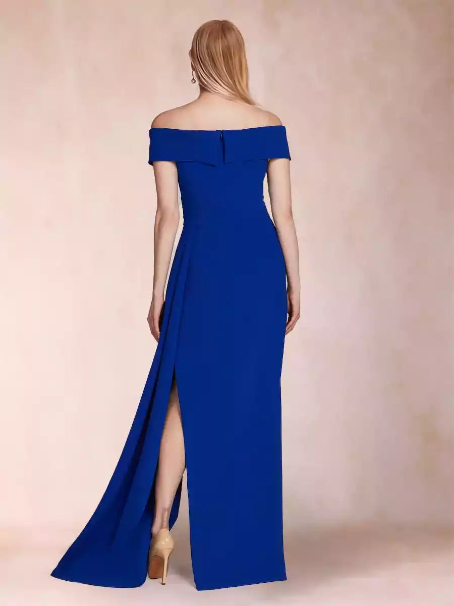 Stunning A-line/Princess style off shoulder pleated plus size side slit Mother of the Bride Dresses