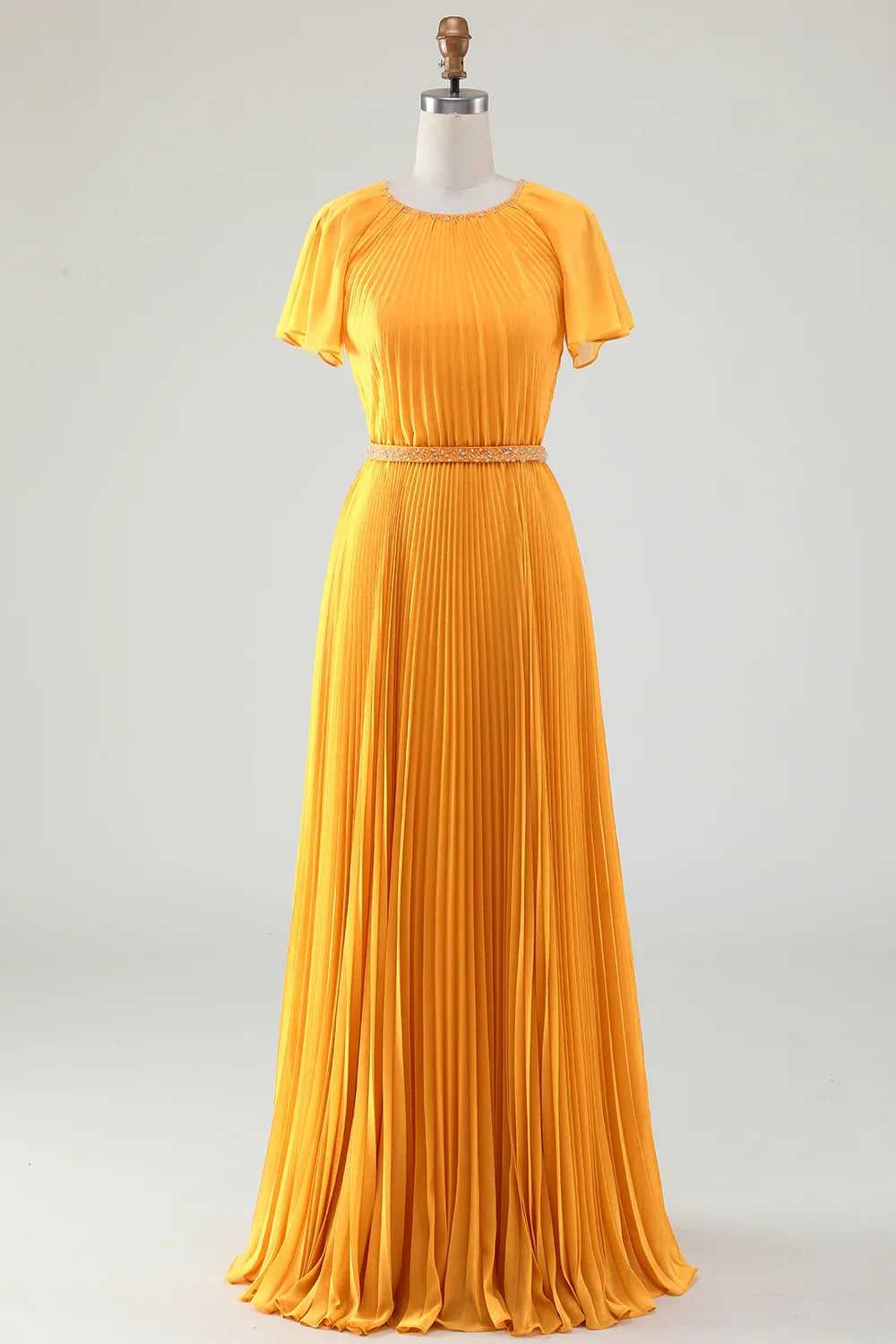 Stunning A-line round neck pleated short sleeved chiffon bridal mother dress