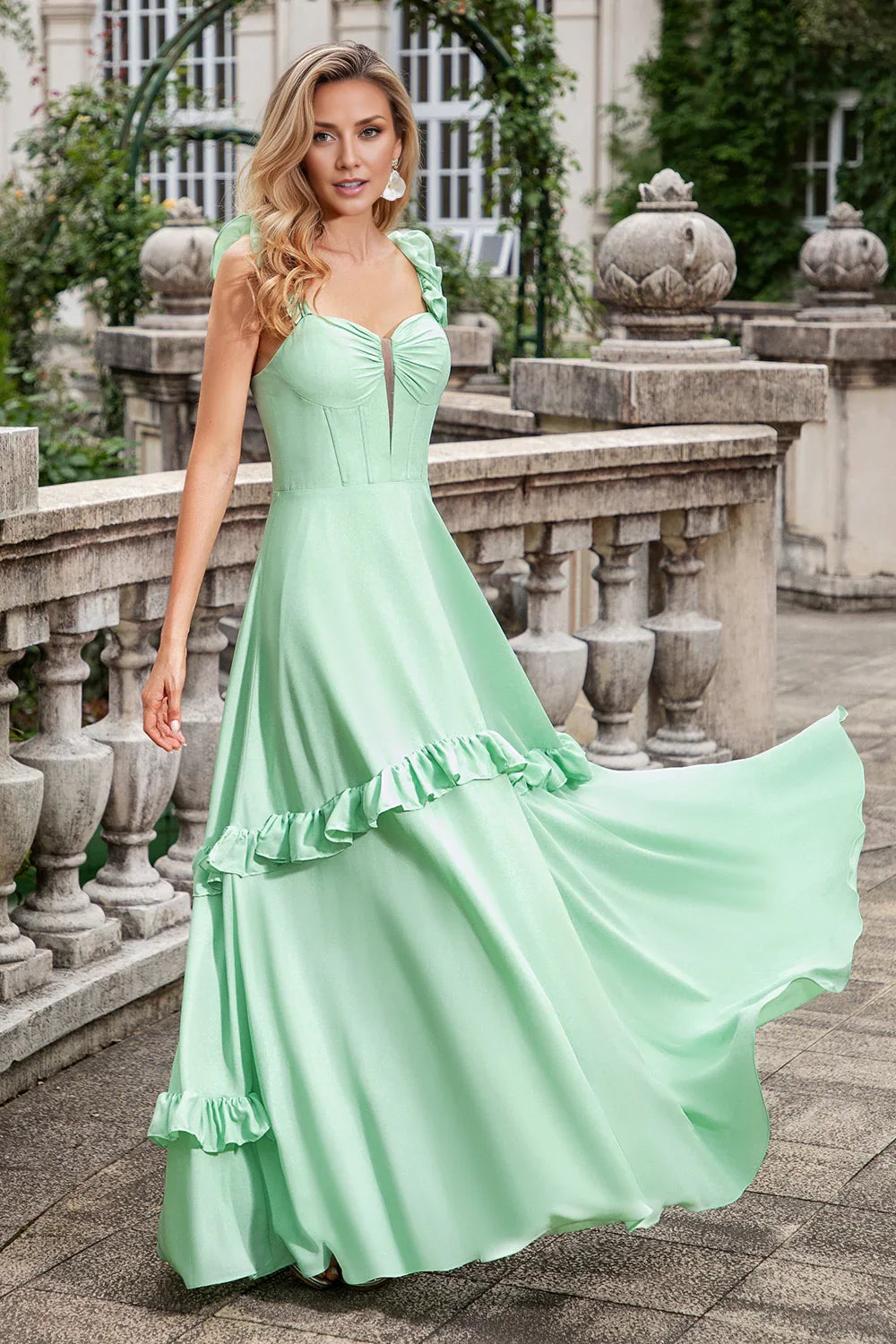 Stunning A-line ruffled sleeve waist tied chiffon long bridesmaid dress