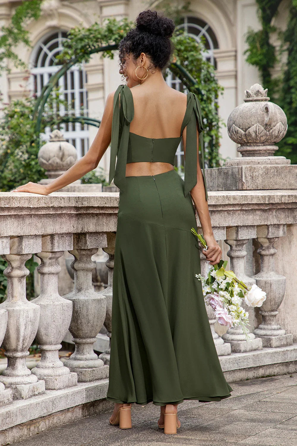 Stunning A-line slim shoulder strap and floor slit bridesmaid dress