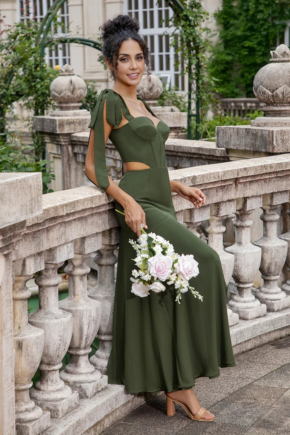 Stunning A-line slim shoulder strap and floor slit bridesmaid dress