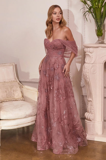 Stunning A-line strapless off shoulder dress with embroidered decals