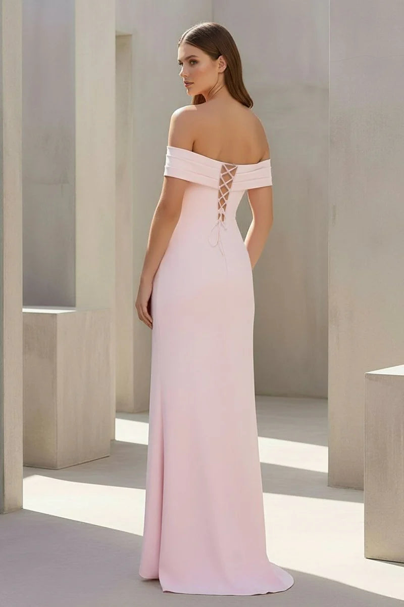 Stunning Blush Pink Off-the-Shoulder Mermaid Evening Dress with Ruched Bodice, Draped High Slit, Crisscross Lace-up Back and Floor-Length Skirt