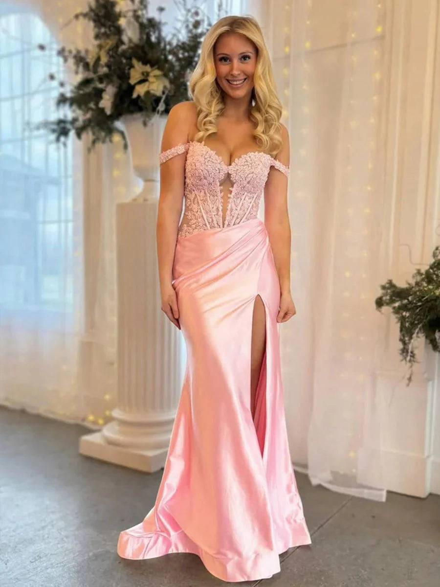 Stunning Blush Pink Off-the-Shoulder Mermaid Evening Dress with Lace Corset Bodice, Sheer Mesh Panels, High Slit and Sweeping Train