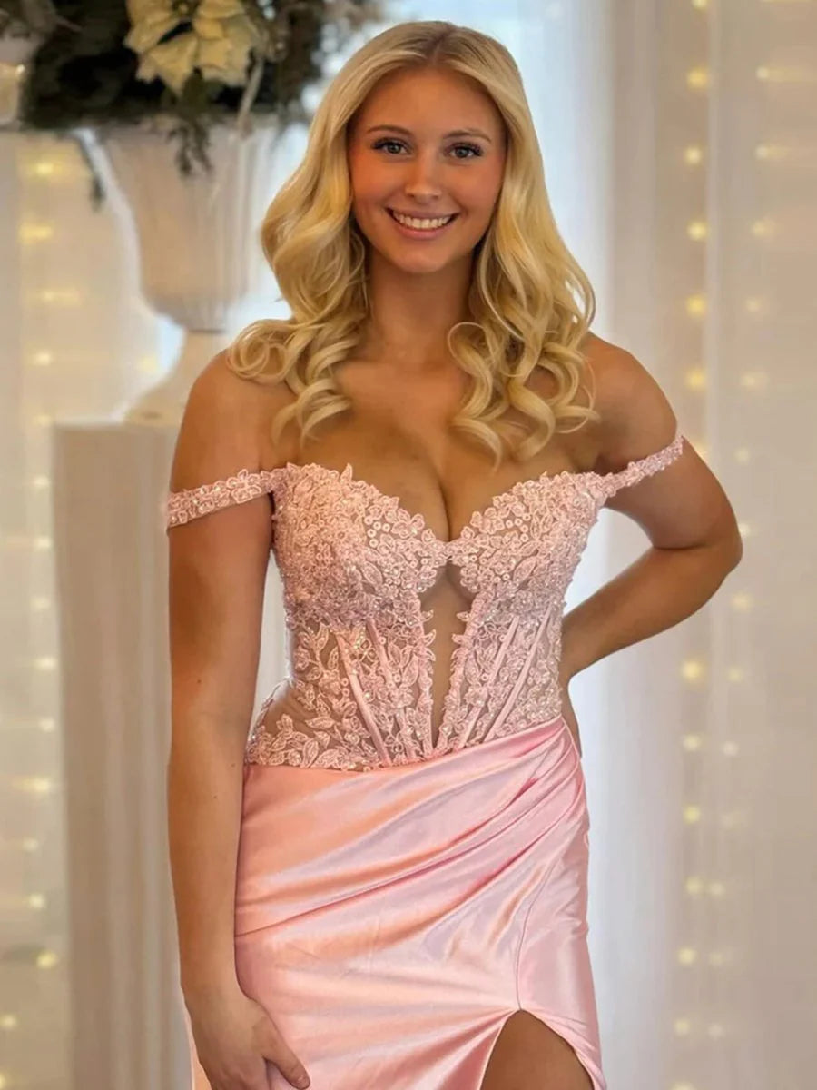 Stunning Blush Pink Off-the-Shoulder Mermaid Evening Dress with Lace Corset Bodice, Sheer Mesh Panels, High Slit and Sweeping Train