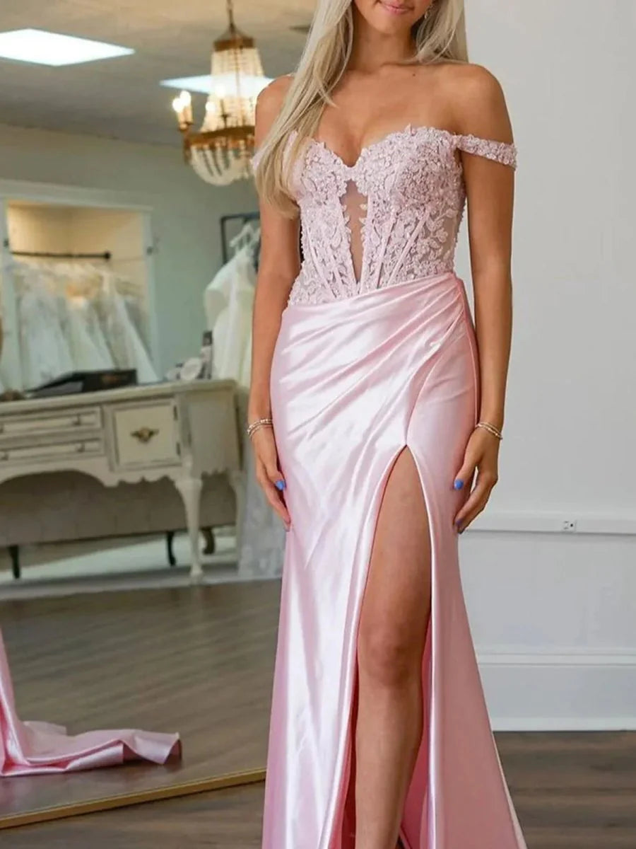 Stunning Blush Pink Off-the-Shoulder Mermaid Evening Dress with Lace Corset Bodice, Sheer Mesh Panels, High Slit and Sweeping Train