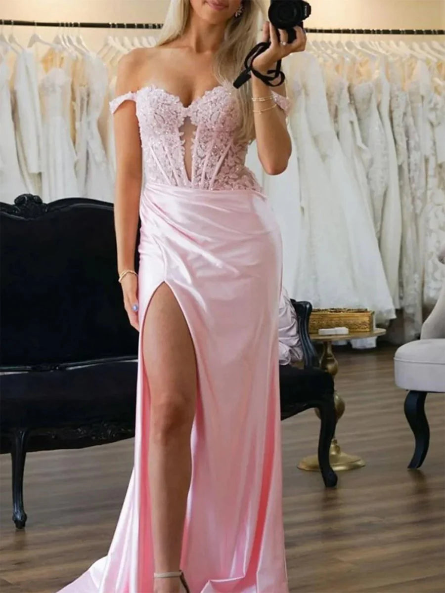 Stunning Blush Pink Off-the-Shoulder Mermaid Evening Dress with Lace Corset Bodice, Sheer Mesh Panels, High Slit and Sweeping Train