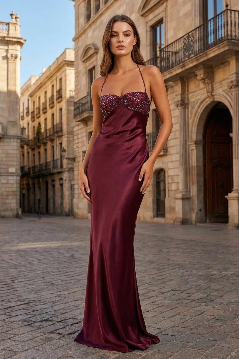 Stunning Burgundy Satin Mermaid Evening Dress with Beaded Sweetheart Bodice, Thin Spaghetti Straps, Crisscross Lace-up Back and Floor-Length Skirt