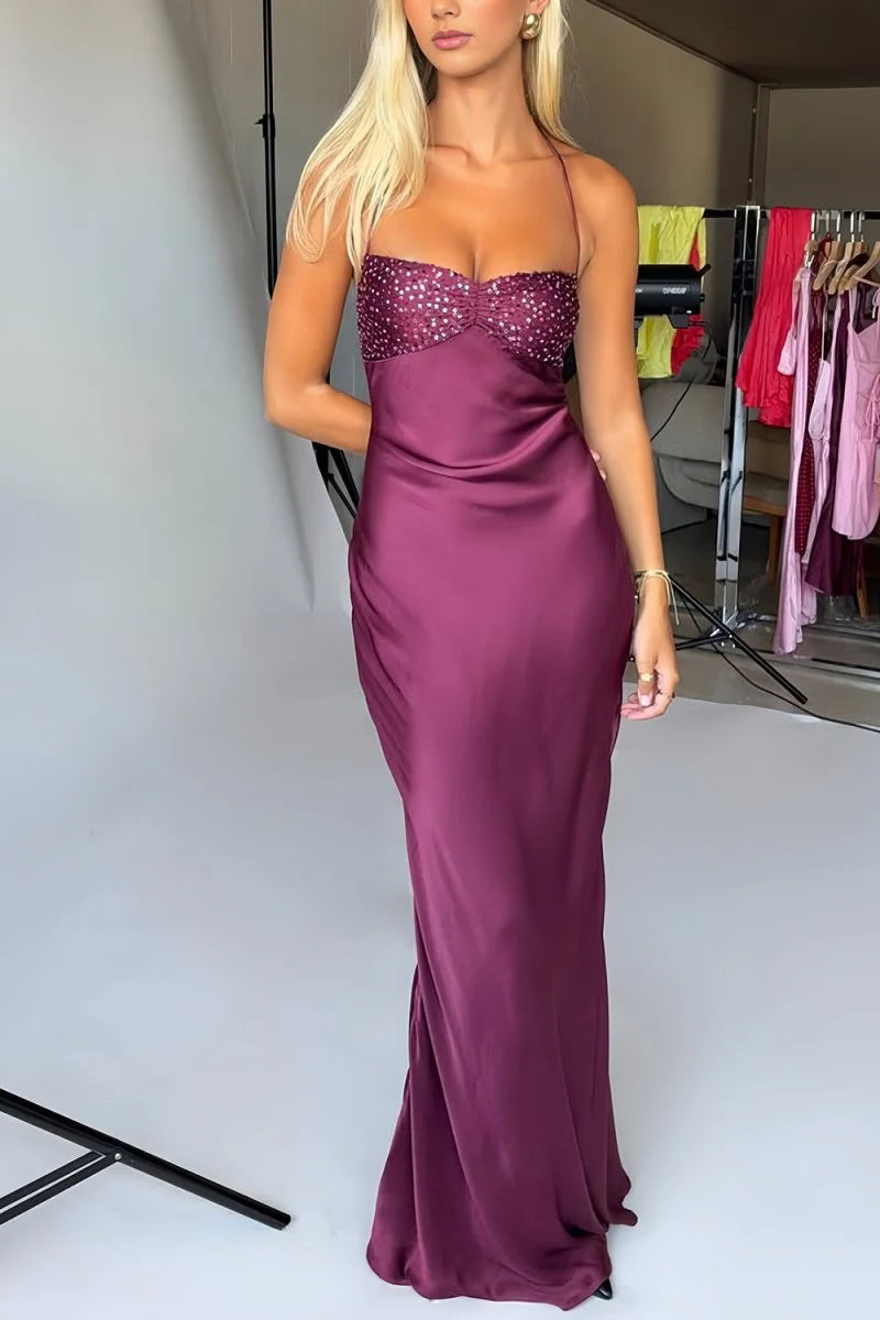 Stunning Burgundy Satin Mermaid Evening Dress with Beaded Sweetheart Bodice, Thin Spaghetti Straps, Crisscross Lace-up Back and Floor-Length Skirt