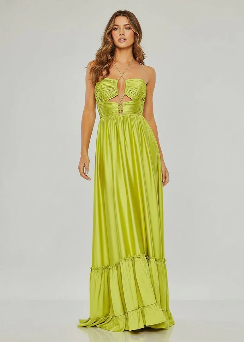 Stunning Chartreuse Satin Tiered Maxi Dress with Halter Neckline, Crisscross Cutout Bodice, Ruched Waist, Open Back Tie and Ruffled Hem