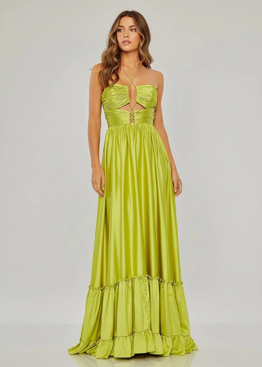 Stunning Chartreuse Satin Tiered Maxi Dress with Halter Neckline, Crisscross Cutout Bodice, Ruched Waist, Open Back Tie and Ruffled Hem